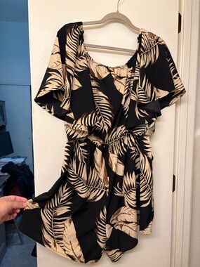 SHEIN Black and Beige Tropical Print Off-Shoulder Romper